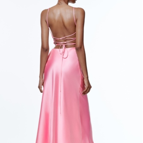 Zara Pink Satin Sleeveless Halter Cross Back Tie Dress Size XS Midi Slip Dress - Picture 5 of 11